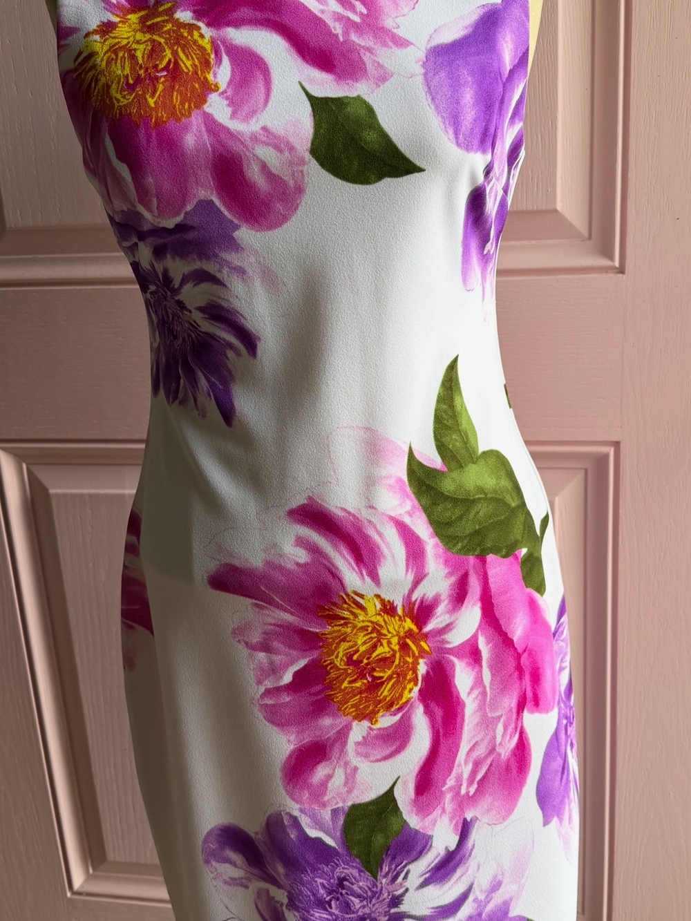 Premier White Midi Dress with Pink, Purple & Green Floral Print